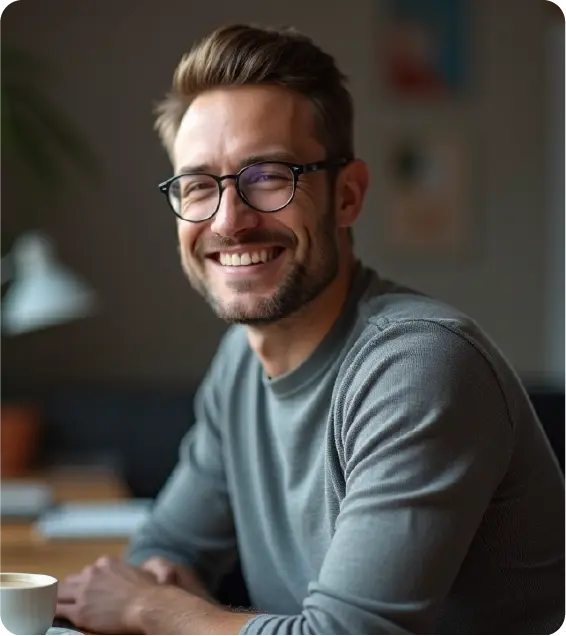 Hombre joven con gafas sonriendo, rodeado de gráficos y notificaciones digitales.